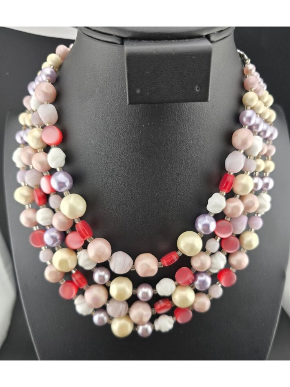 Pastel and Red Multi-Strand Beaded Necklace 16" Inch Length Japan